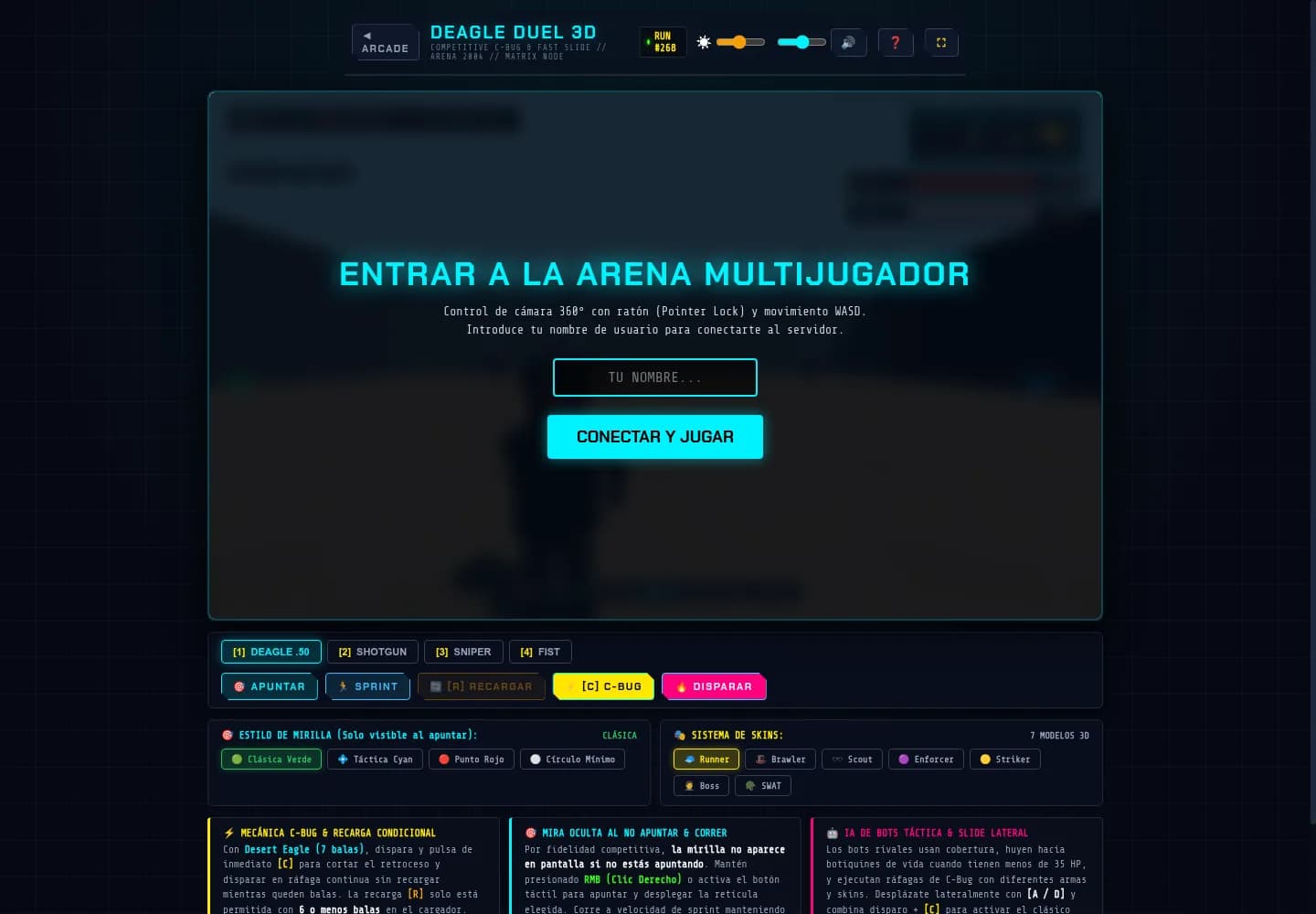 Pantalla de acceso de Deagle Duel con controles y opciones de personalización; captura real, no una partida en curso