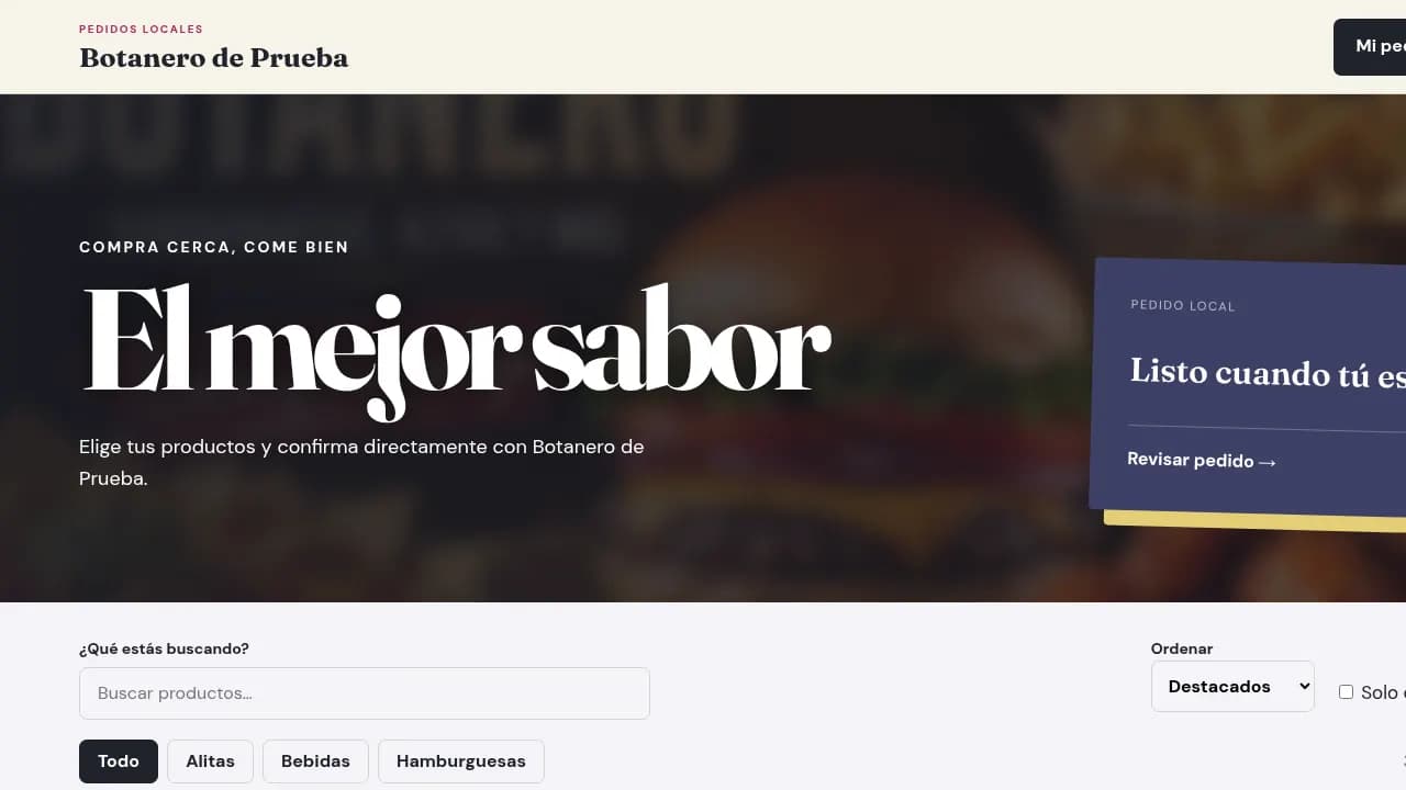 Catálogo de la plataforma de pedidos locales Botanero de Prueba